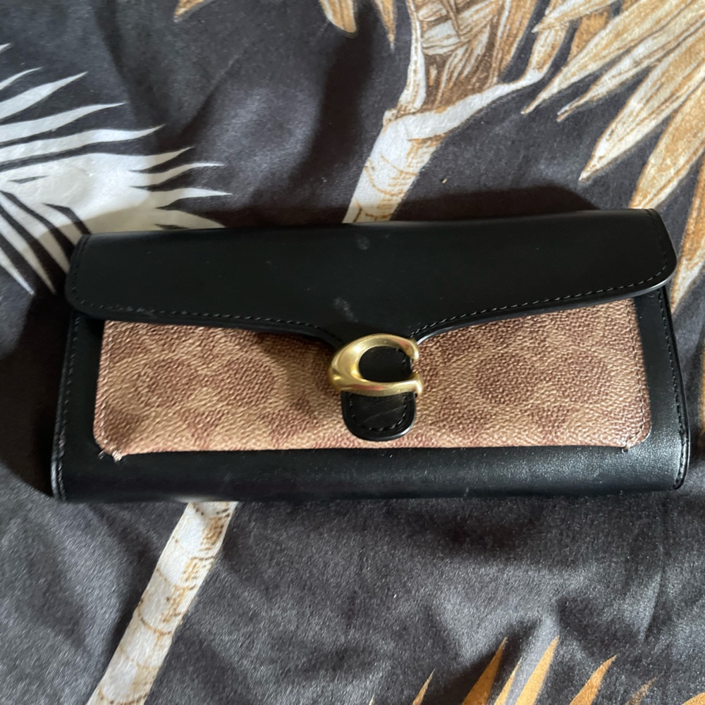SOLD Coach Tabby Long Wallet In Colorblock Signature Canvas Brass/Tan Black